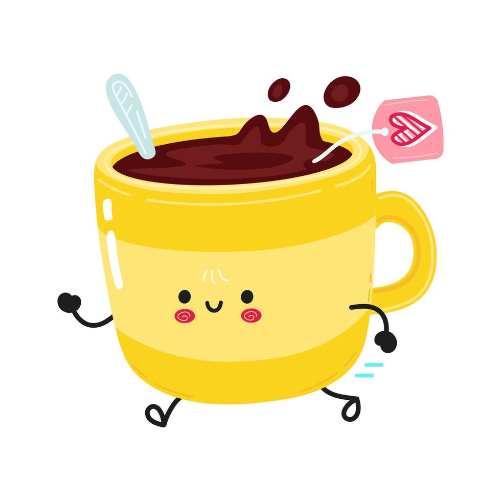 linda y divertida taza de té amarilla corriendo. icono de ilustración de personaje kawaii de dibujos animados dibujados a mano vectorial. aislado sobre fondo blanco. ejecutar el concepto de taza de té amarilla vector