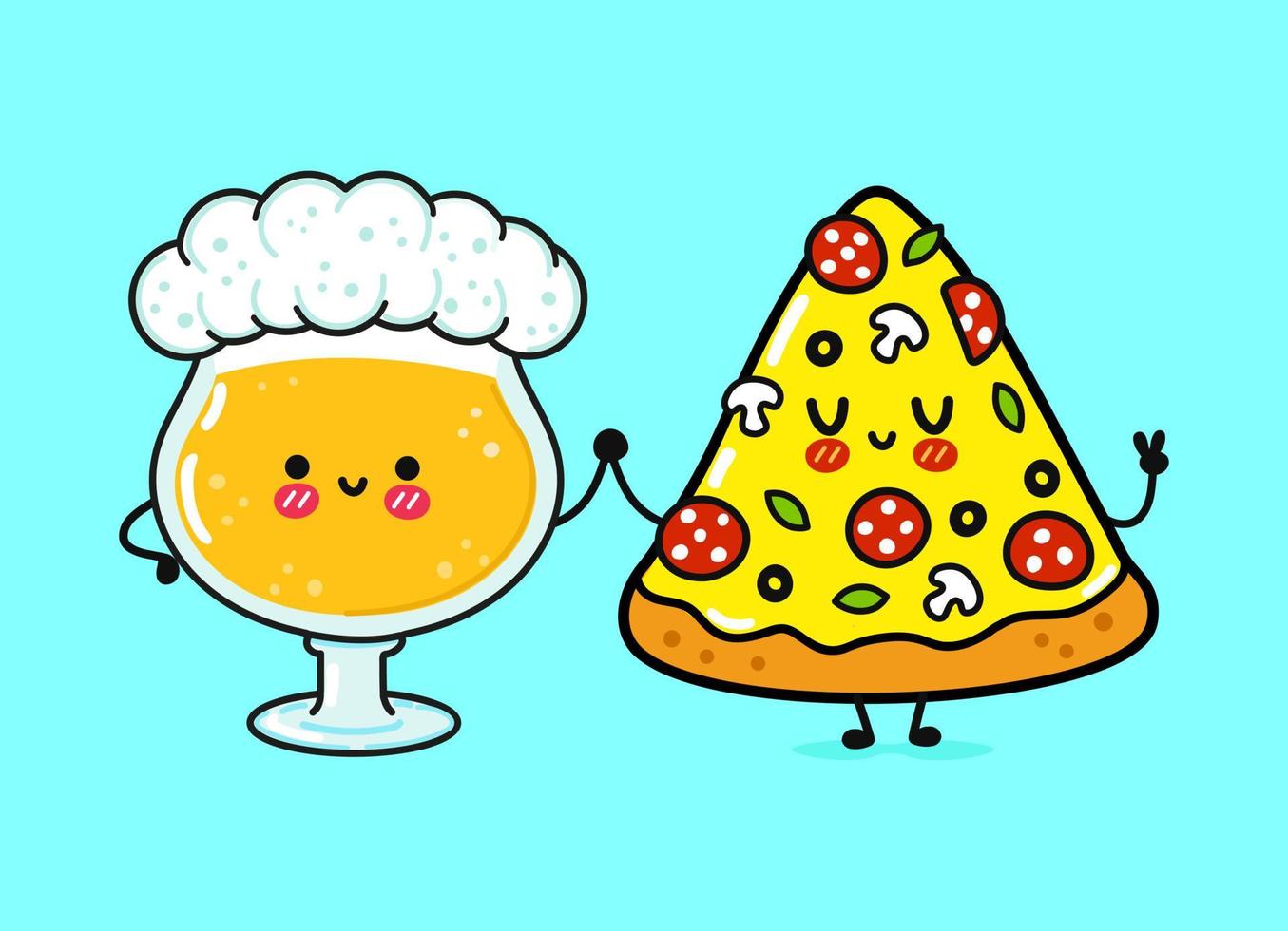 Cute, funny happy glass of beer and pizza. Vector hand drawn cartoon kawaii characters, illustration icon. Funny cartoon glass of beer and pizza mascot character concept