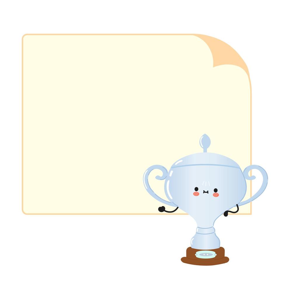 lindo y divertido personaje de copa de trofeo de plata con burbuja de habla. icono de ilustración de personaje kawaii de dibujos animados dibujados a mano vectorial. aislado sobre fondo blanco. concepto de personaje de copa de trofeo de plata vector