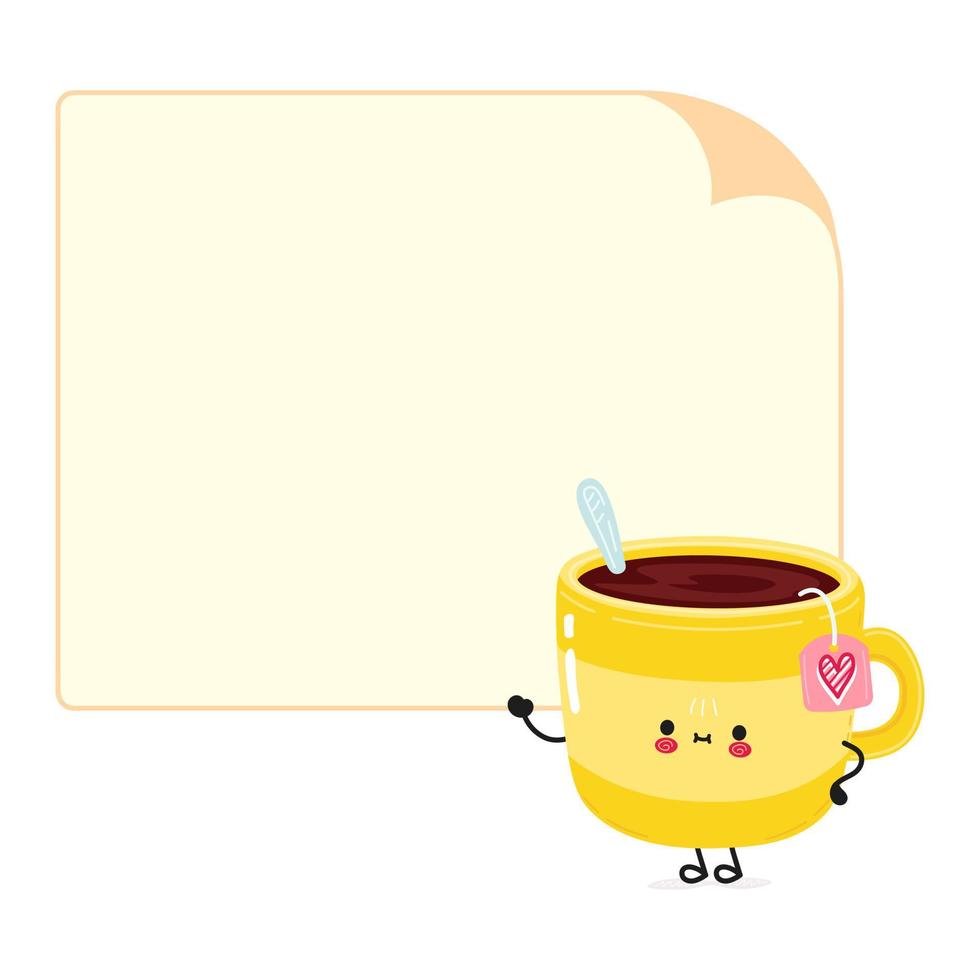 Cute funny yellow cup of tea character with speech bubble. Vector hand drawn cartoon kawaii character illustration icon. Isolated on white background. Yellow cup of tea character concept