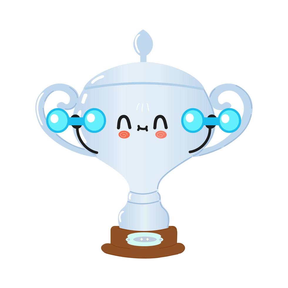 lindo y divertido personaje de copa de trofeo de plata con pesas. icono de ilustración de personaje kawaii de dibujos animados dibujados a mano vectorial. aislado sobre fondo blanco. concepto de gimnasio de personaje de copa de trofeo de plata vector