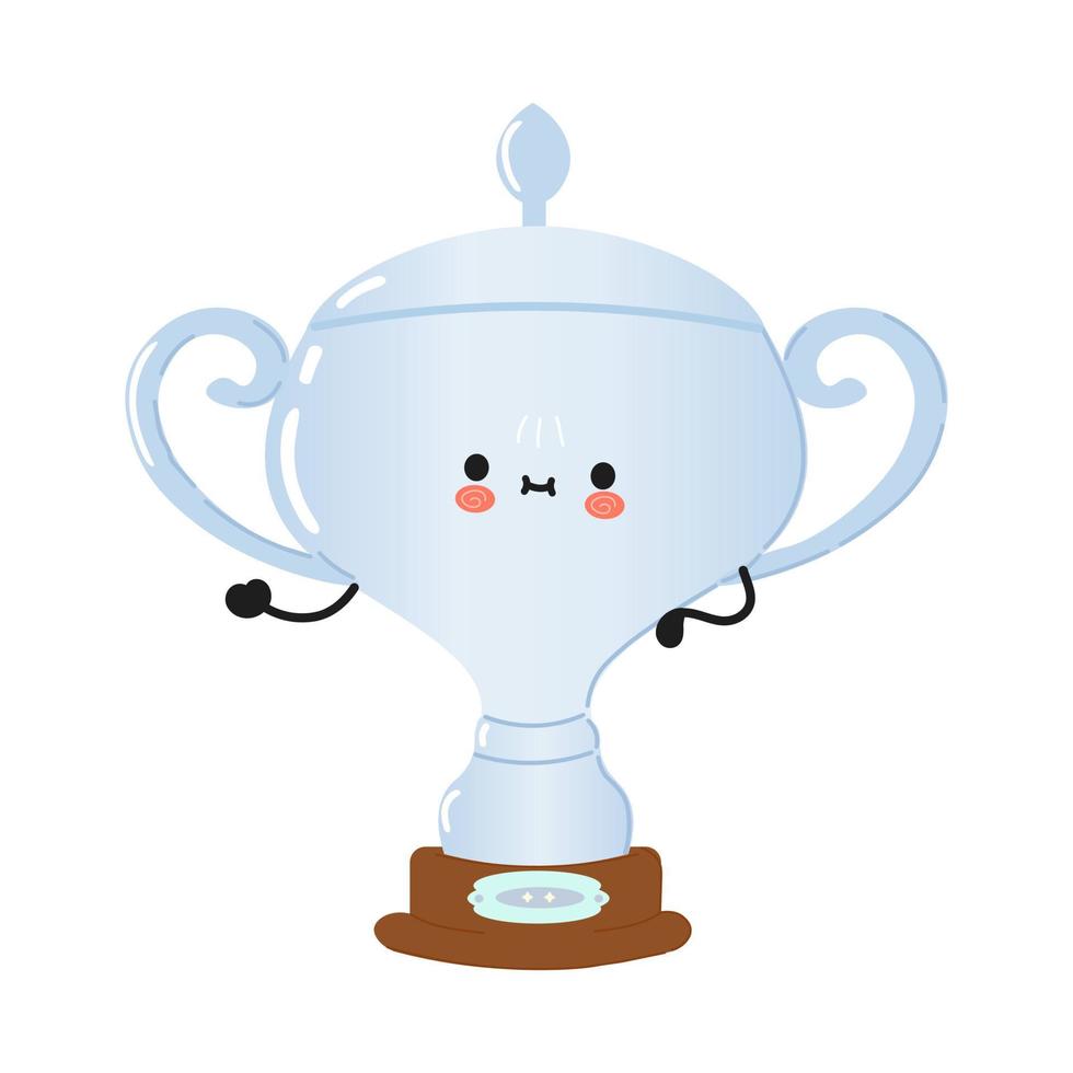 Cute funny silver trophy cup waving hand character. Vector hand drawn cartoon kawaii character illustration icon. Isolated on white background. Silver trophy cup character concept