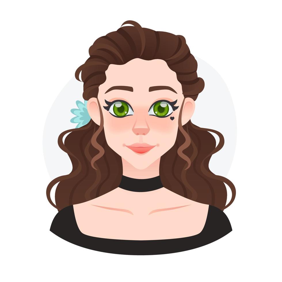Cartoon young pretty girl avatar. Beaulifull doll with blue flower in long curly hairs. Lady style vector