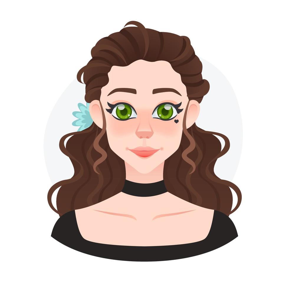 avatar de niña bonita joven de dibujos animados. hermosa muñeca con flor azul en cabellos largos y rizados. estilo dama vector