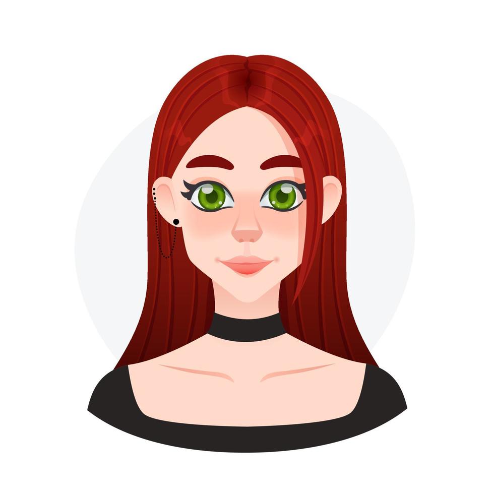 Cartoon woman avatar. Young beautiful girl with long red hairs and chocker necklate. Punk rock lady with big green eyes vector