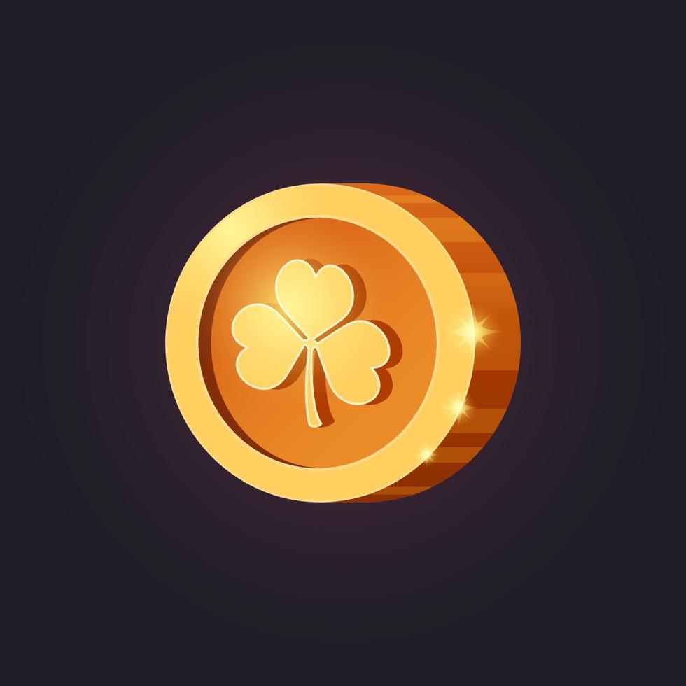 Vector casual game icon with clover. Isolated golden coin. GUI UI for web, game or app. Interface element