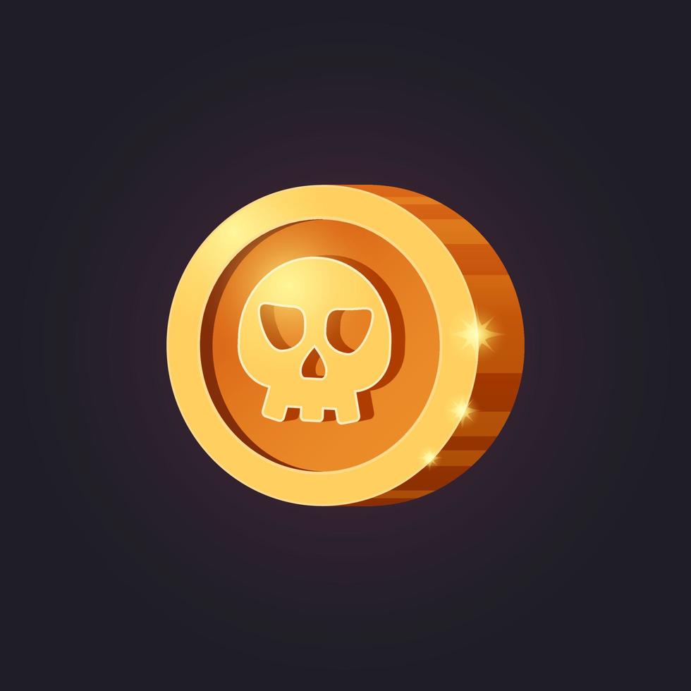 Vector casual game icon with skull. Isolated golden coin. GUI UI for web, game or app. Interface element. Pirate treasure