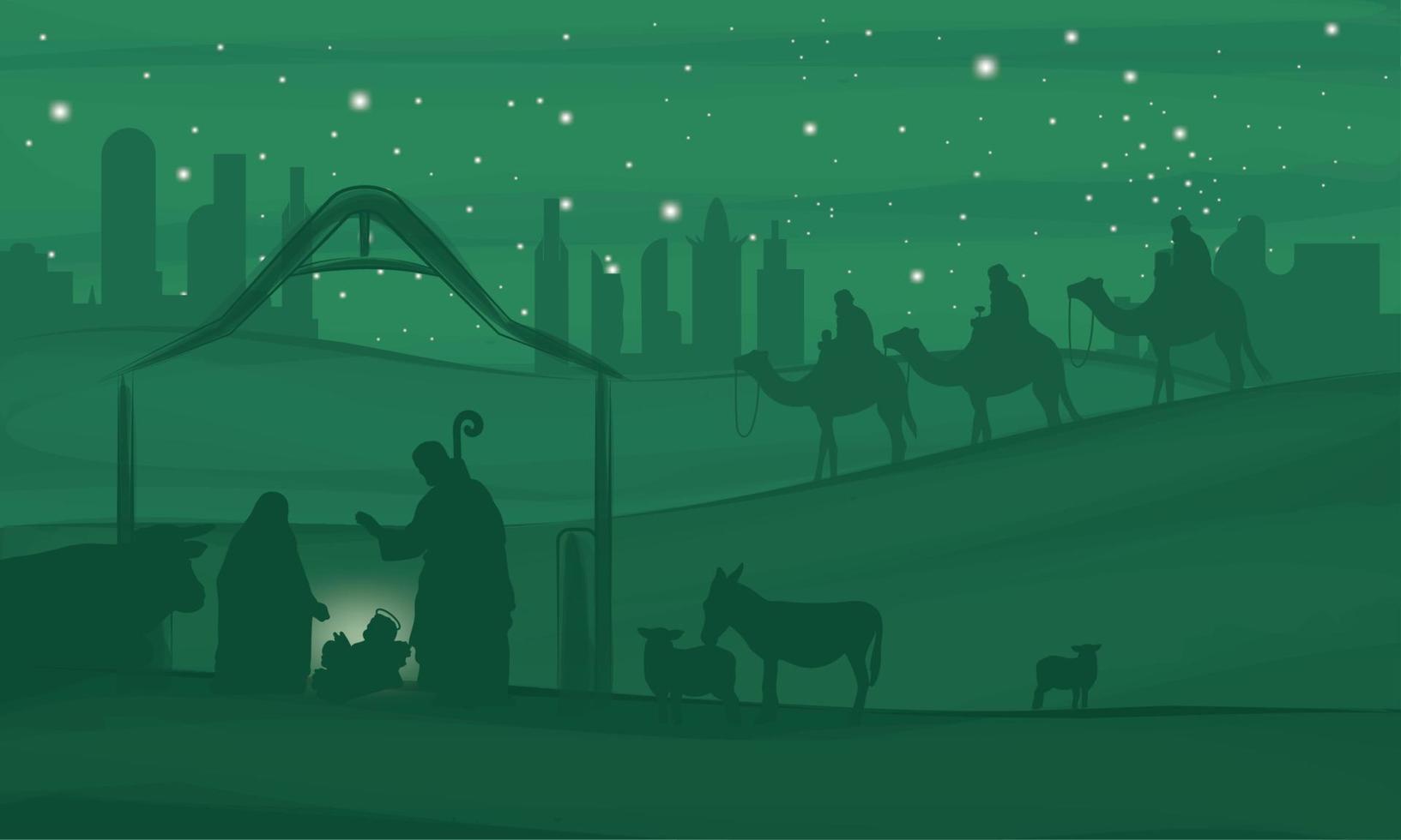 Nativity landscape green night scene with stars mangel Vector