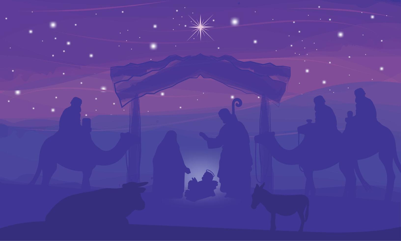 Nativity landscape purple night scene mangel Vector