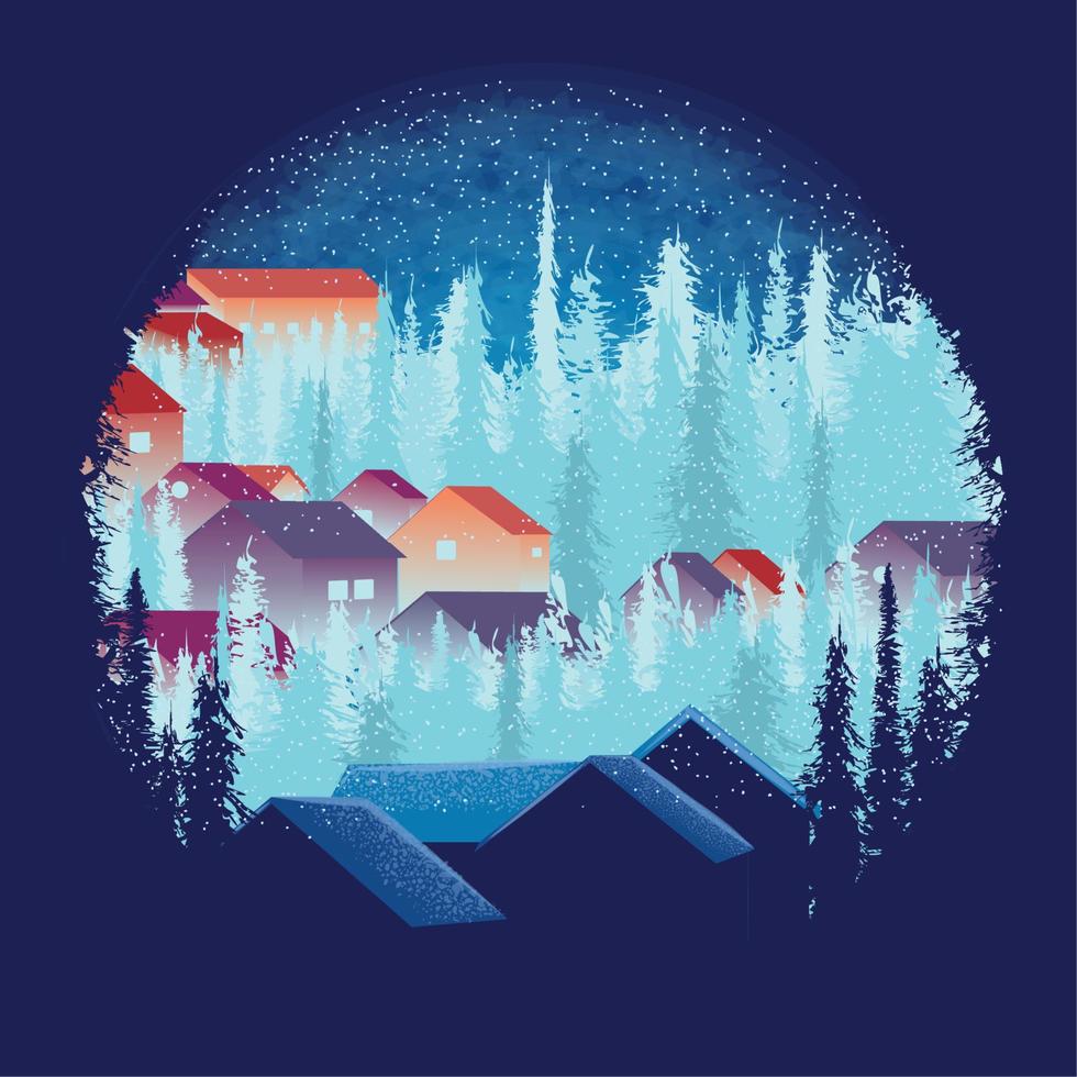 Colored winter landscape with trees and houses Vector
