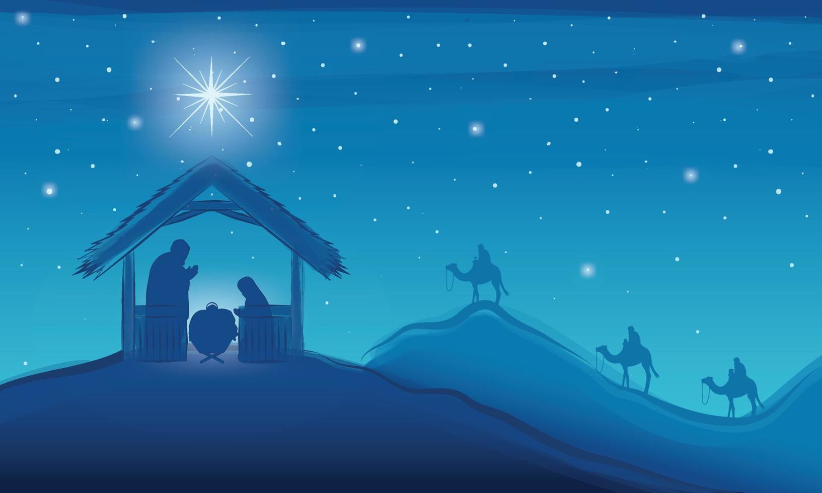 Nativity landscape blue night scene with star mangel Vector