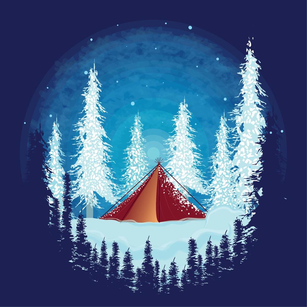 paisaje invernal coloreado con una tienda de campaña y árboles vectoriales vector