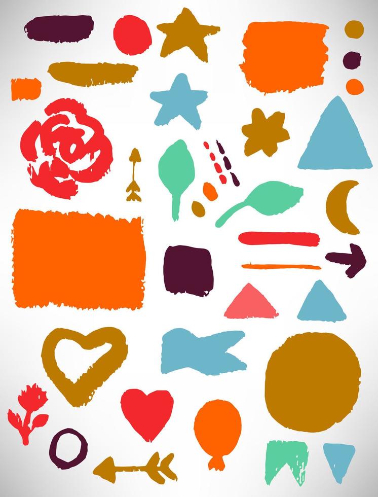 Colorful handmade set of grunge elements, brush stroke, heart, flag, arrow, air balloon, circle, square, triangle, star, line, leaf, flower, garland, rose, dot, crescent. vector