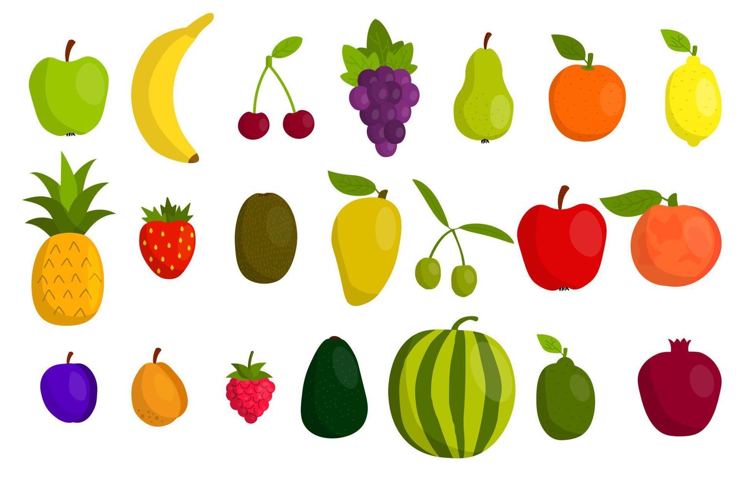 lindas frutas de dibujos animados ambientadas en estilo plano aisladas en fondo blanco. iconos vector