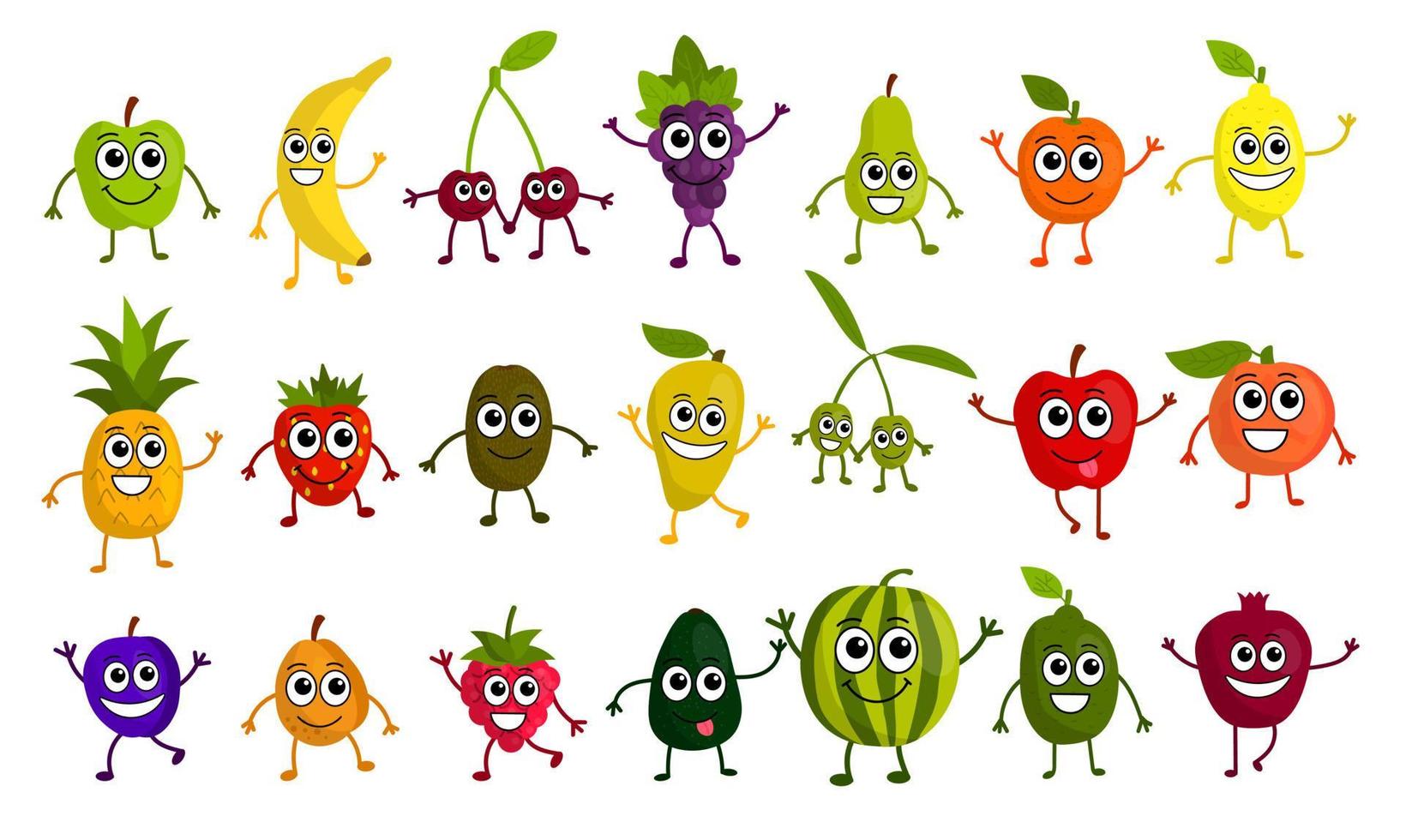 Cute cartoon fruits set in flat style isolated on white background. Kawaii emoji fruit icons. vector