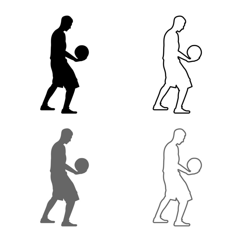 jugador de baloncesto sosteniendo una pelota hombre sosteniendo una silueta de baloncesto conjunto de iconos ilustración de color negro gris esquema estilo plano imagen simple vector