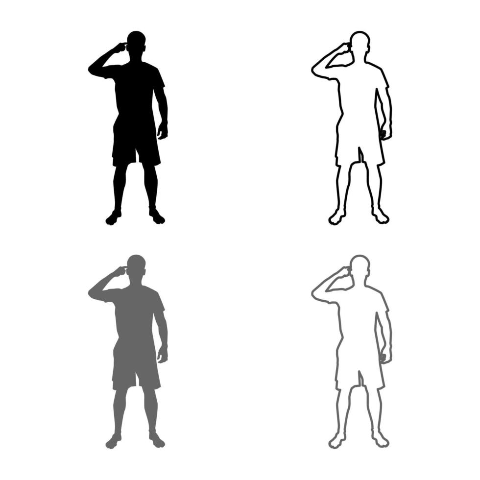 hombre apuntando a la sien con un dedo silueta vista frontal necesita pensar concepto conjunto de iconos gris negro color ilustración contorno plano imagen simple vector