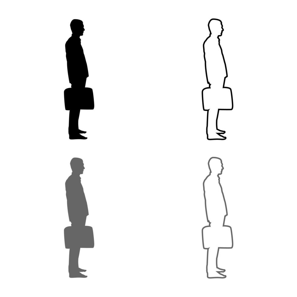 Businessman with briefcase standing Man with a business bag in his hand silhouesse icon set grey black color illustration outline flat style simple image vector