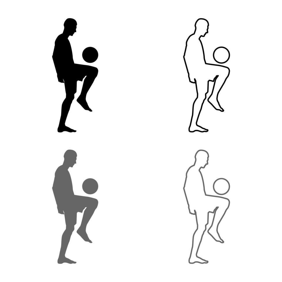 jugador de fútbol haciendo malabares con la pelota con la rodilla o mete la pelota en el pie conjunto de iconos de silueta ilustración de color negro gris esquema de estilo plano imagen simple vector