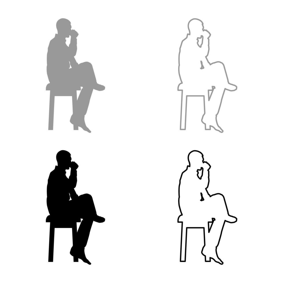 hombre bebiendo de una taza sentado en un taburete con piernas cruzadas concepto relajarse conjunto de iconos gris negro color ilustración esquema estilo plano simple imagen vector