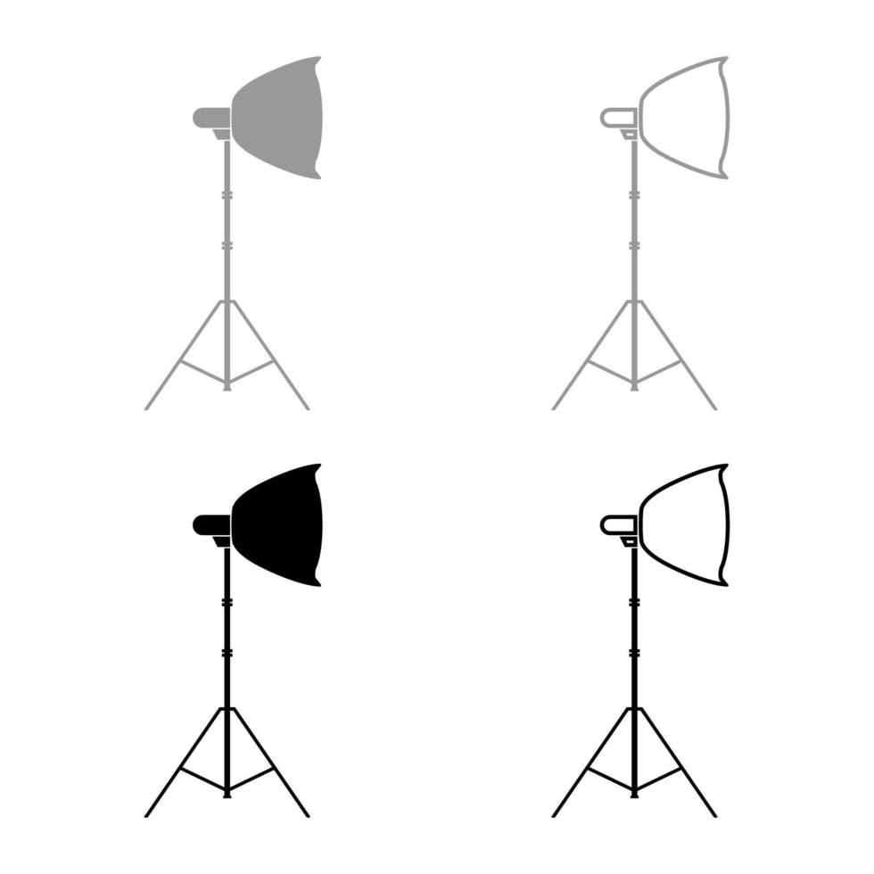 foco en trípode proyector de luz softbox en trípode equipo de luz de trípode para fotografía profesional conjunto de iconos de luz de teatro ilustración de vector de color gris negro imagen de estilo plano