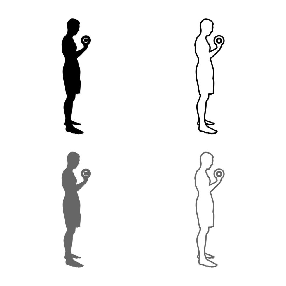 hombre haciendo ejercicios con pesas deporte acción entrenamiento masculino silueta vista lateral conjunto de iconos gris negro color ilustración esquema estilo plano simple imagen vector