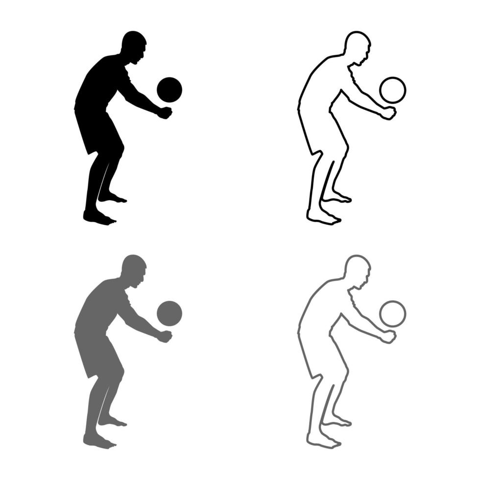 jugador de voleibol golpea la pelota con silueta inferior vista lateral conjunto de iconos de bola de ataque ilustración de color negro gris contorno estilo plano imagen simple vector