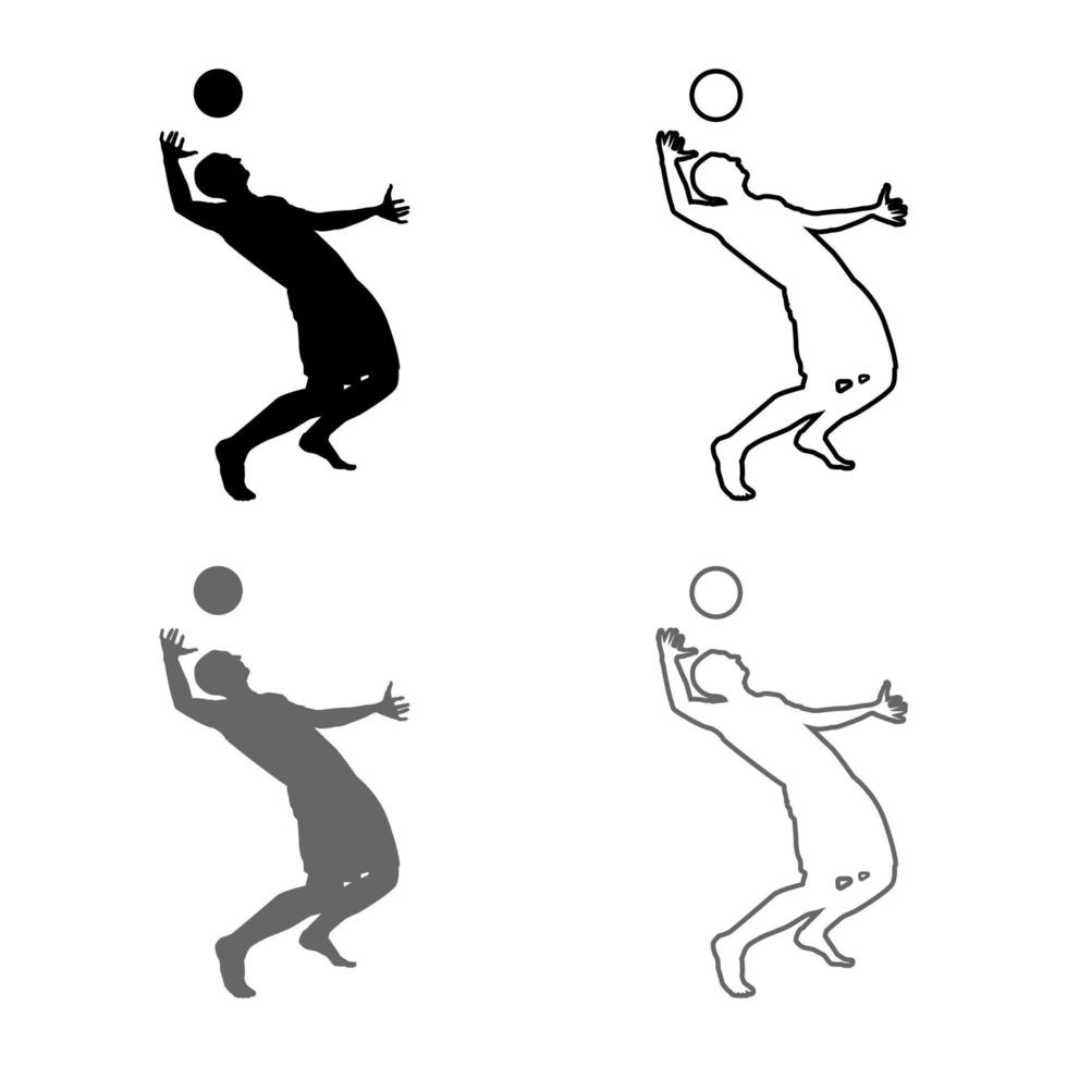 jugador de voleibol golpea la pelota con silueta superior vista lateral conjunto de iconos de bola de ataque ilustración de color negro gris contorno estilo plano imagen simple vector