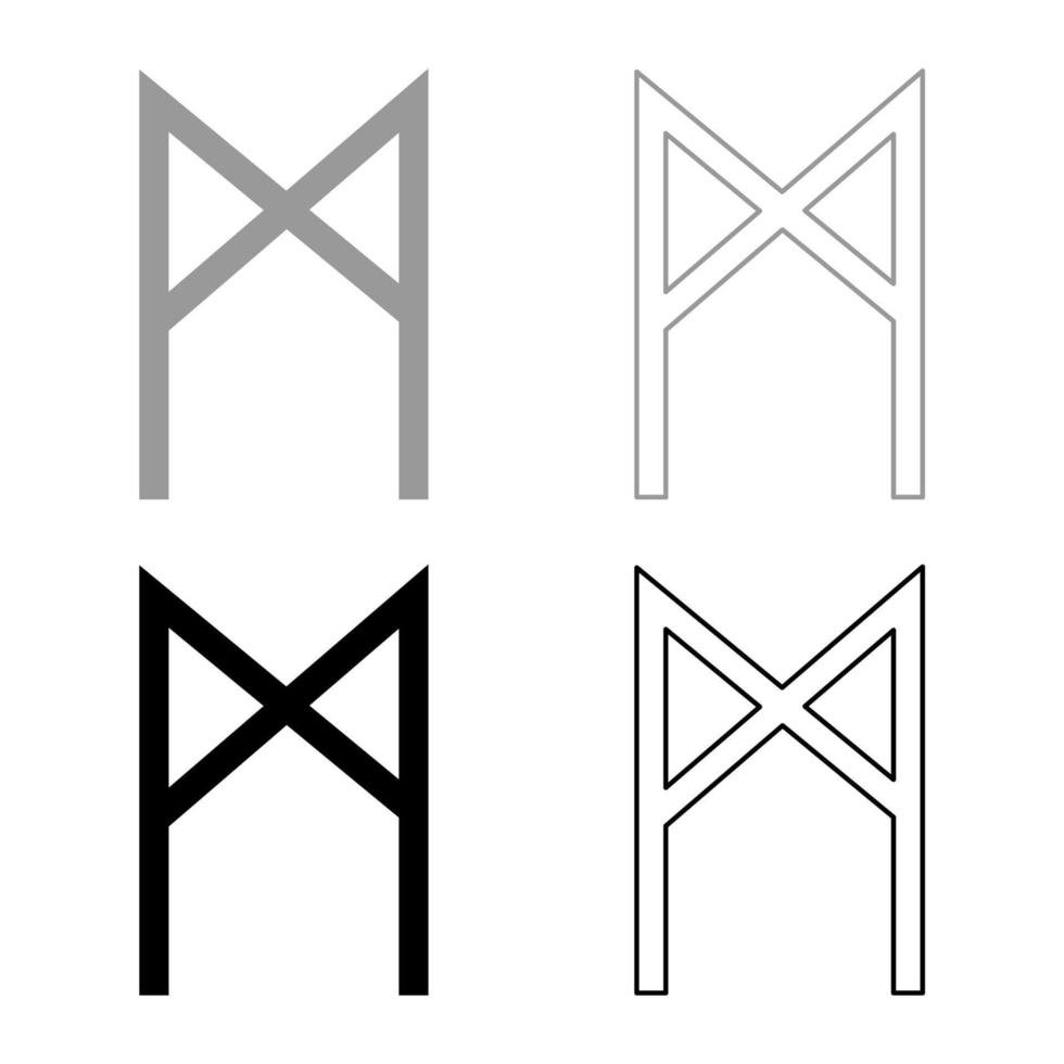 Mannaz rune man human symbol icon set grey black color illustration outline flat style simple image vector