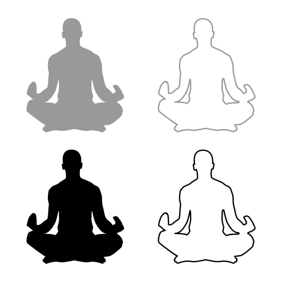 Meditating man Practicing yoga symbol icon set grey black color illustration outline flat style simple image vector