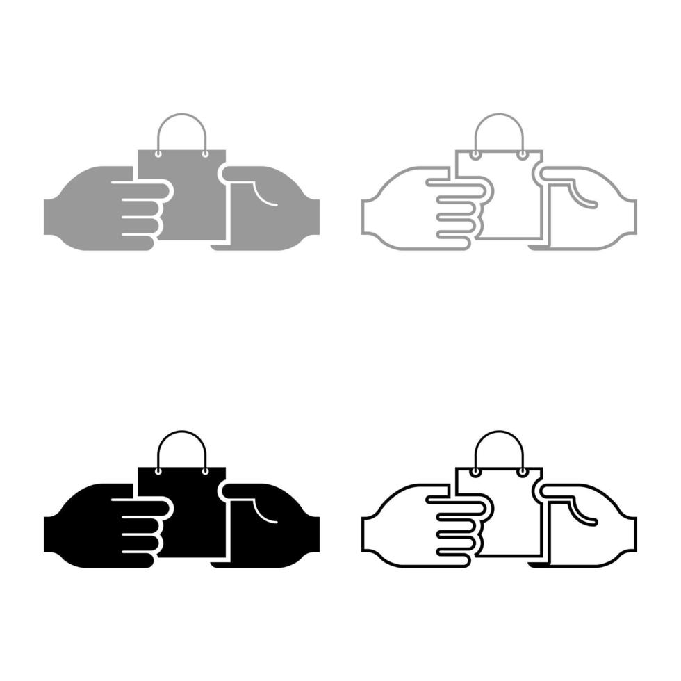 Hand passes the package to the other hand Hand pass bag other hand Concept commerce Idea trade Market subject Marketing icon set black grey color vector illustration flat style image