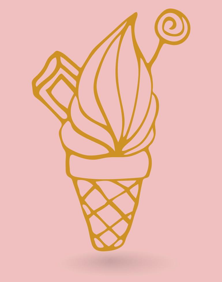 Cute gold linear ice cream cone with chocolate, lollipop isolated on pink background. Card, poster, sticker. vector