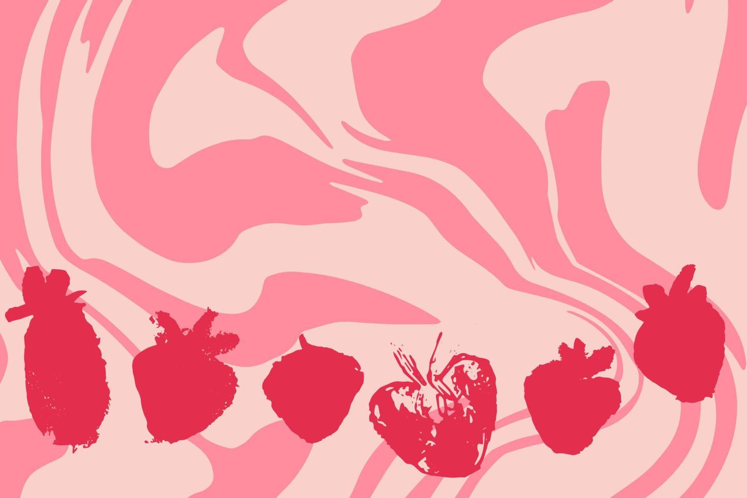 tarjeta con un conjunto de fresas abstractas dibujadas a mano sobre fondo rosa, remolino de leche de frutas. vector