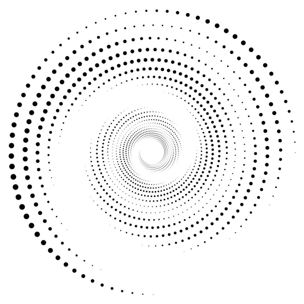 Dotted, dots, speckles abstract concentric circle. Spiral, swirl, twirl element. Circular and radial lines volute, helix. Segmented circle with rotation. Radiating arc lines. Cochlear, vortex vector