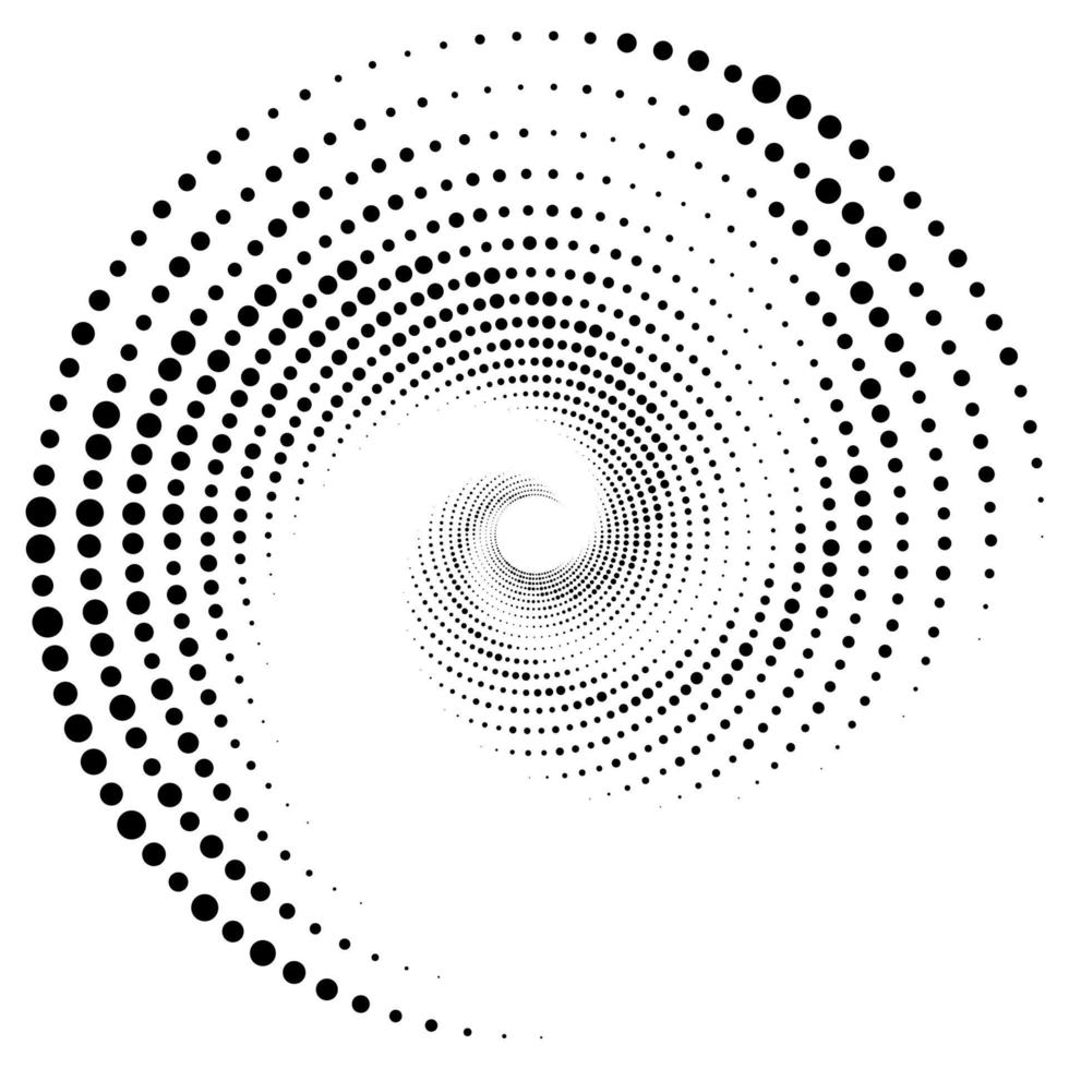 Dotted, dots, speckles abstract concentric circle. Spiral, swirl, twirl element. Circular and radial lines volute, helix. Segmented circle with rotation. Radiating arc lines. Cochlear, vortex vector