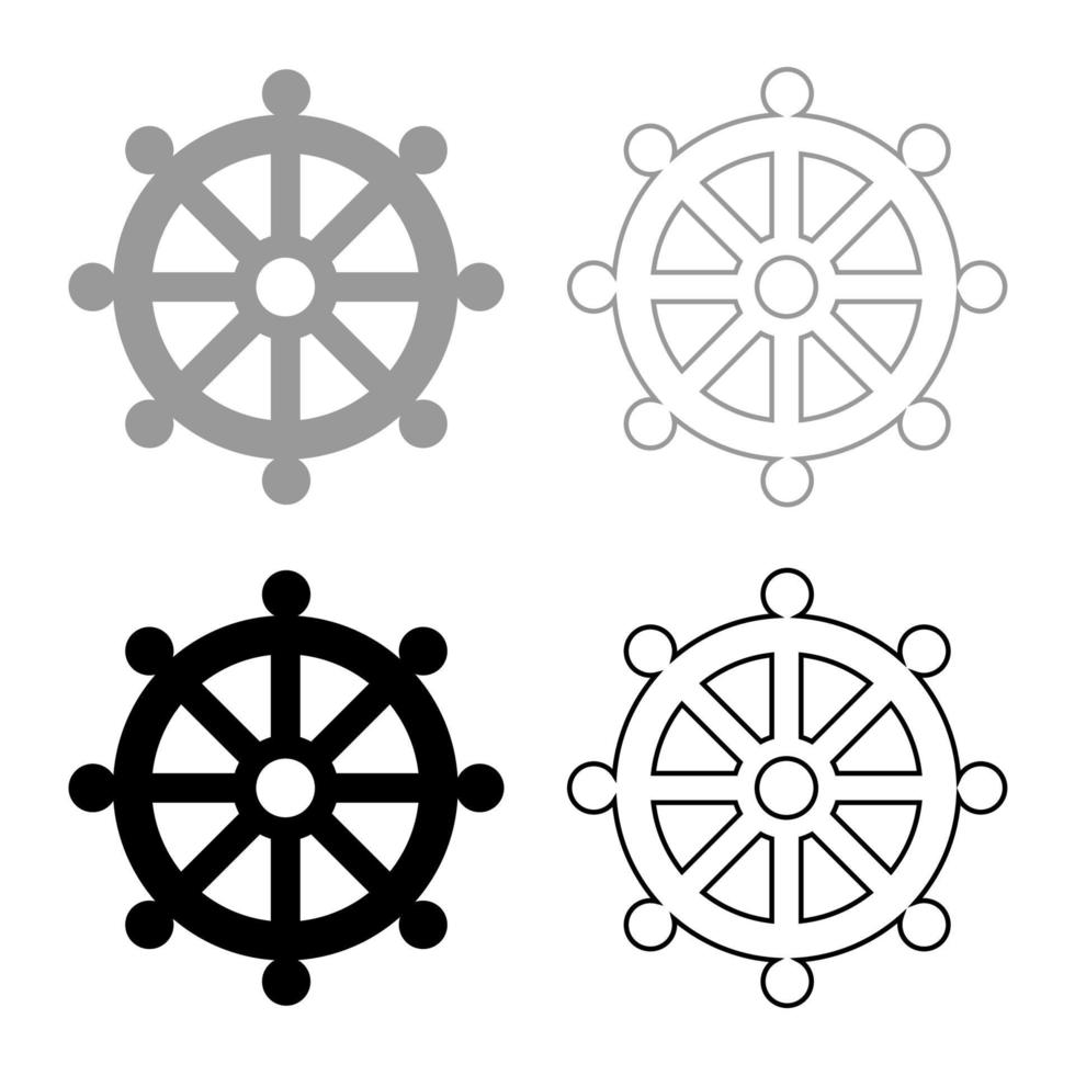 símbolo budismo rueda ley signo religioso icono conjunto gris negro color vector