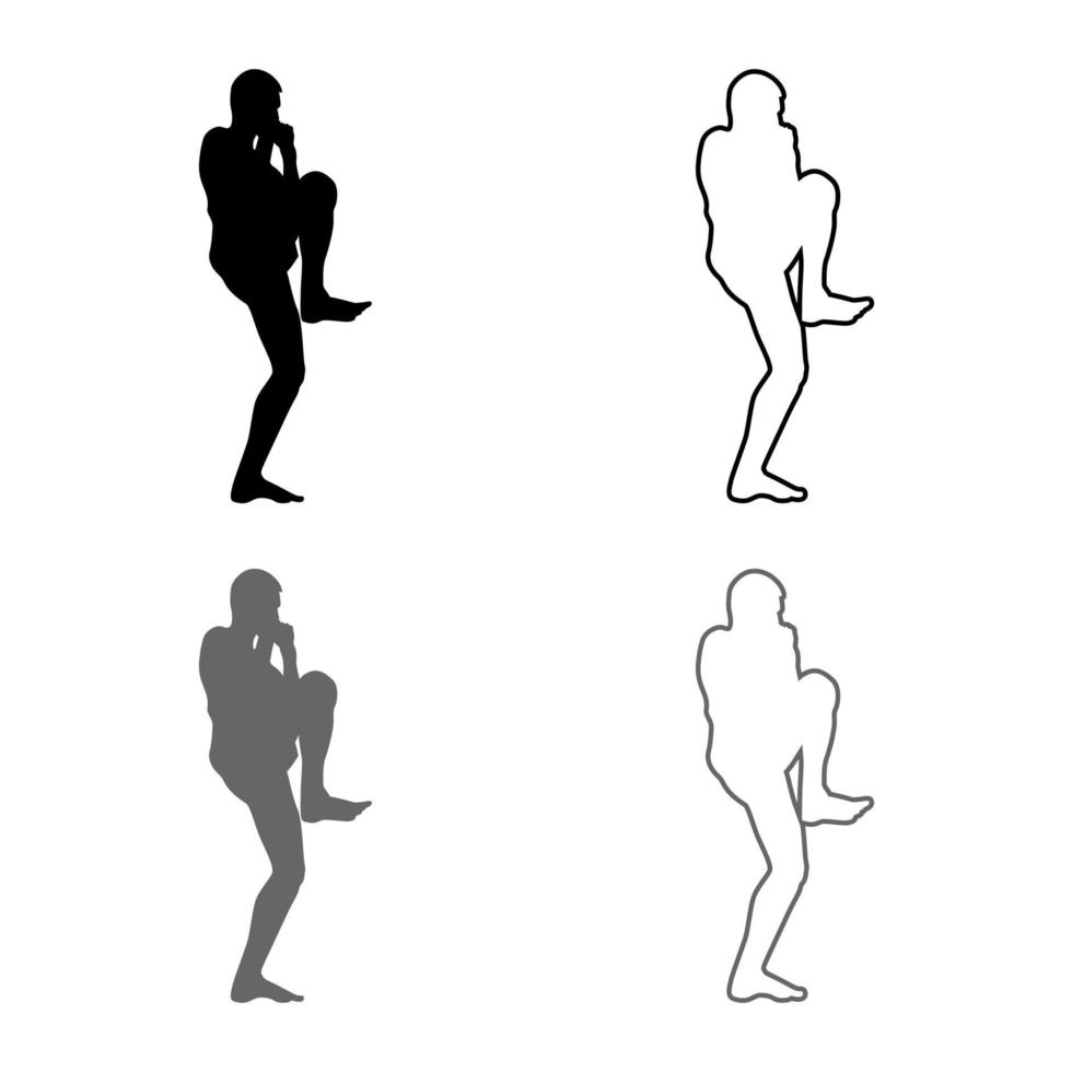 luchador en posición de lucha con pierna levantada hombre haciendo ejercicios deporte acción entrenamiento masculino silueta vista lateral icono conjunto gris negro color ilustración contorno plano estilo simple imagen vector