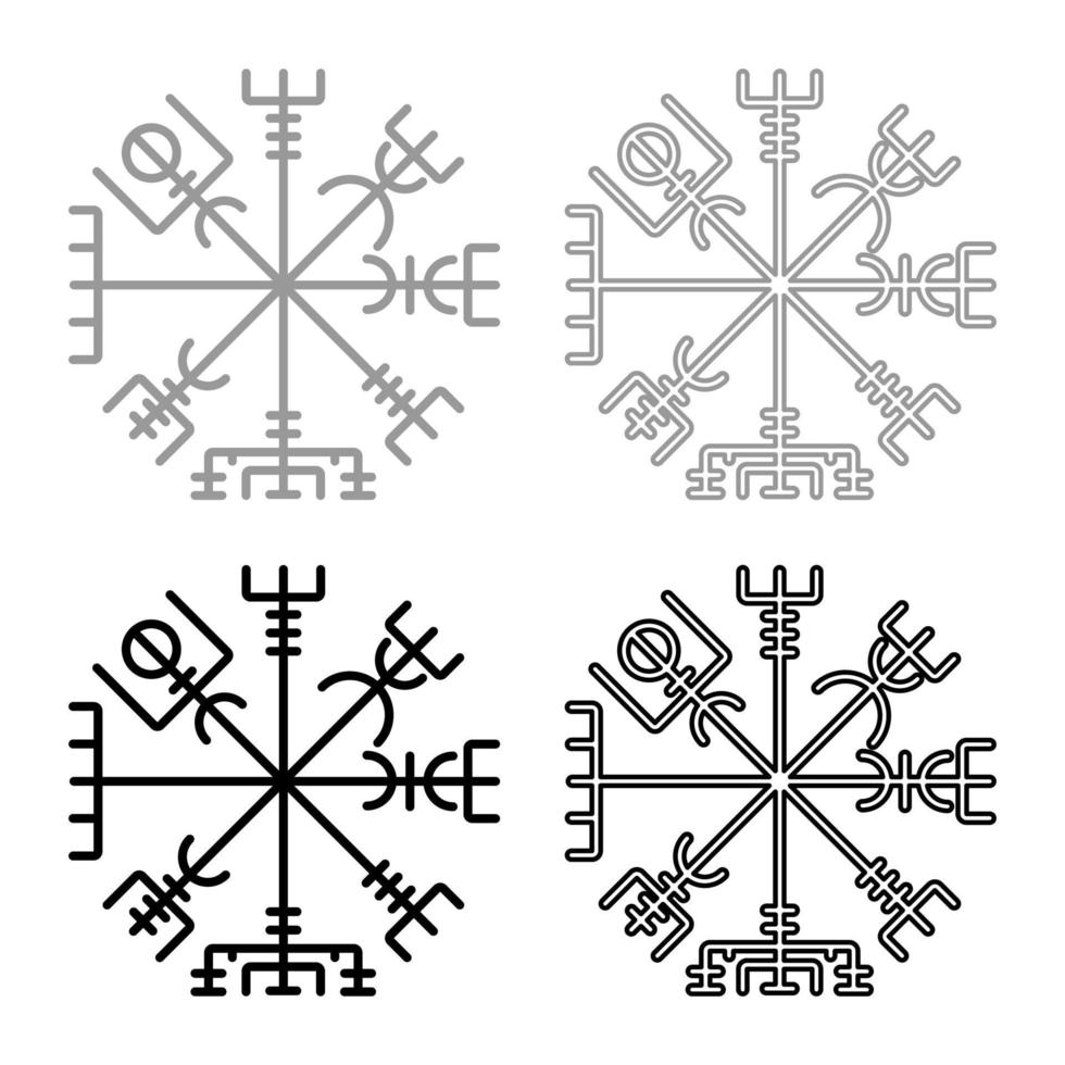 vegvisir brújula rúnica galdrastav navegación brújula símbolo conjunto de iconos gris negro color ilustración contorno estilo plano simple imagen vector