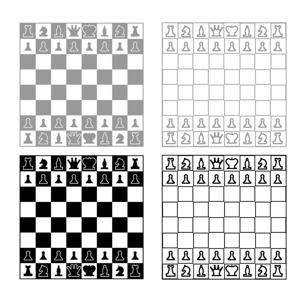 tablero de ajedrez y piezas de ajedrez figuras de línea icono esquema conjunto color negro gris vector