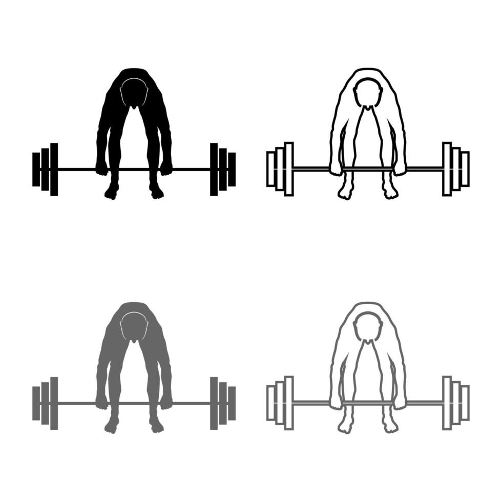 Muscular man weightlifter doing raising the barbell Sportsman raising weights silhouette icon set grey black color illustration outline flat style simple image vector