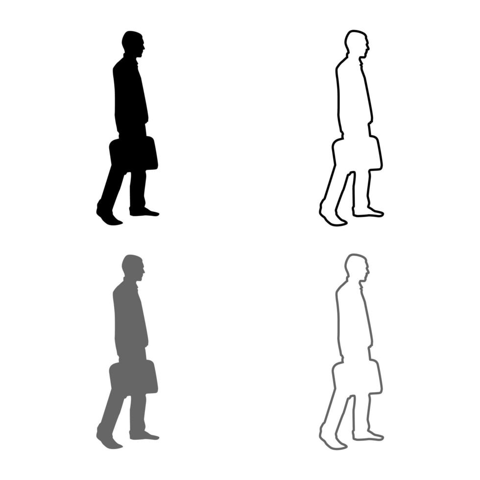 hombre de negocios con maletín paso adelante hombre con una bolsa de negocios en su mano silhouesse conjunto de iconos gris negro color ilustración esquema estilo plano simple imagen vector