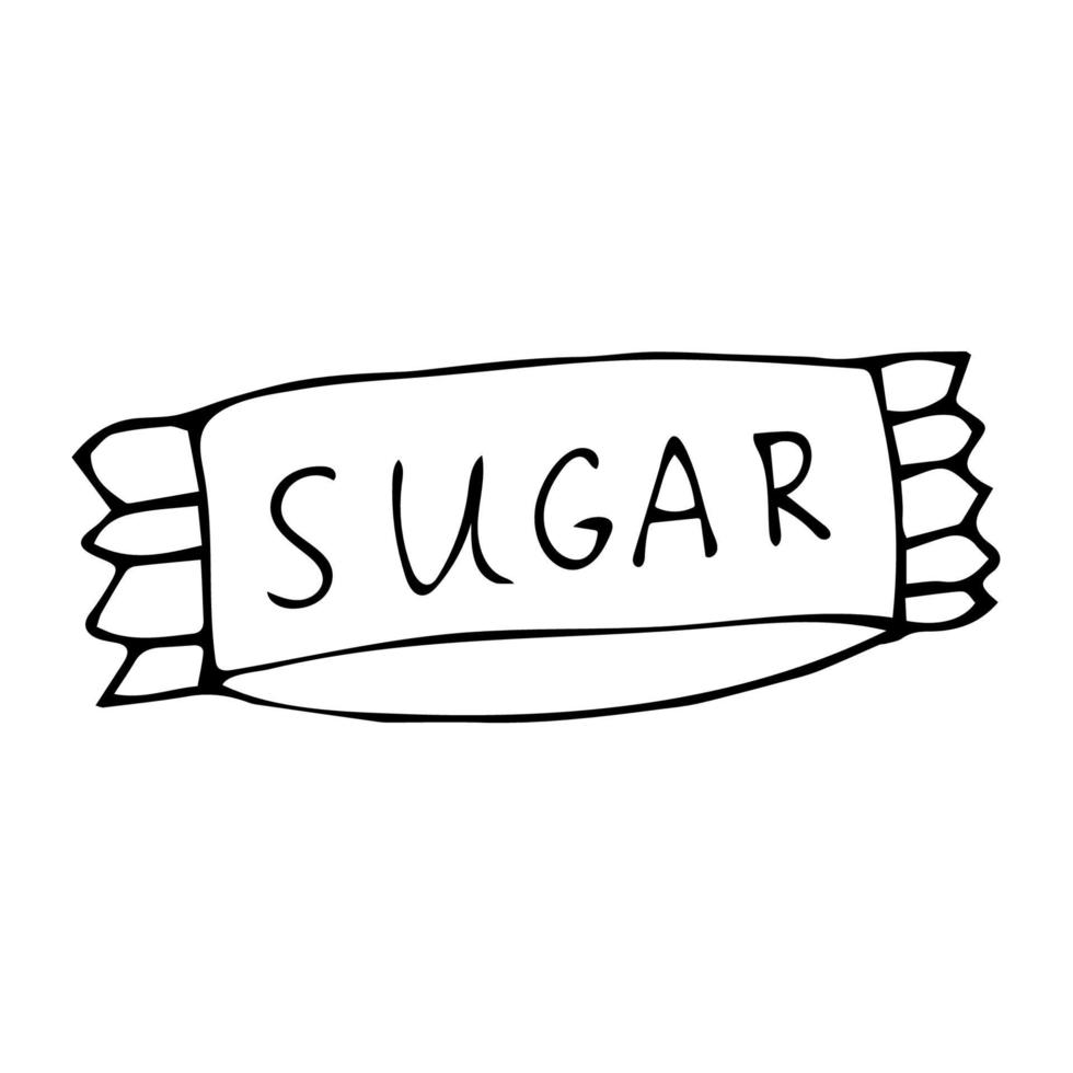 Cartoon doodle linear sugar, bag isolated on white background. vector