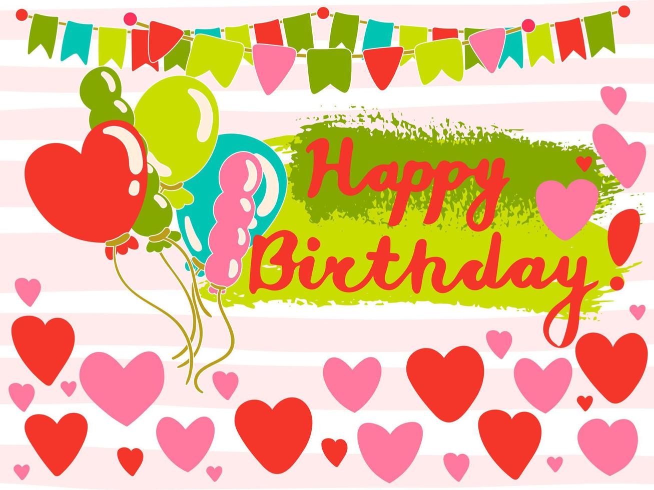 colorida tarjeta de feliz cumpleaños con corazones, guirnaldas, globos aerostáticos, trazos grunge, fondo desnudo. vector