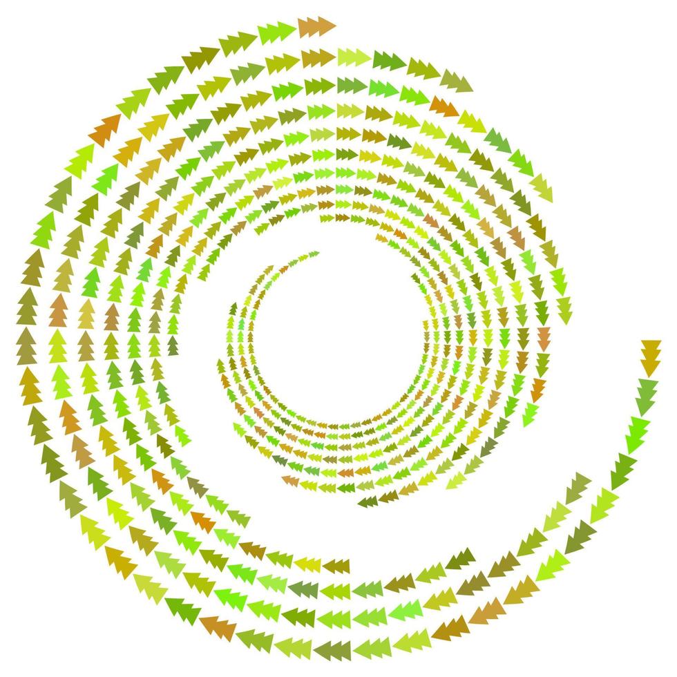 Arrow, spruce tree, speckles abstract concentric circle. Spiral, swirl, twirl element. Circular and radial lines volute, helix. Segmented arrow with rotation. Radiating arc lines. Cochlear, vortex vector