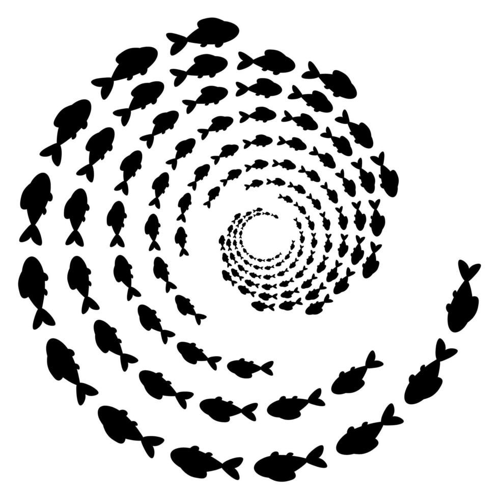 School of fish. Swirl, vortex of sea animal, fishes silhouettes. Marine life isolated on white background. vector