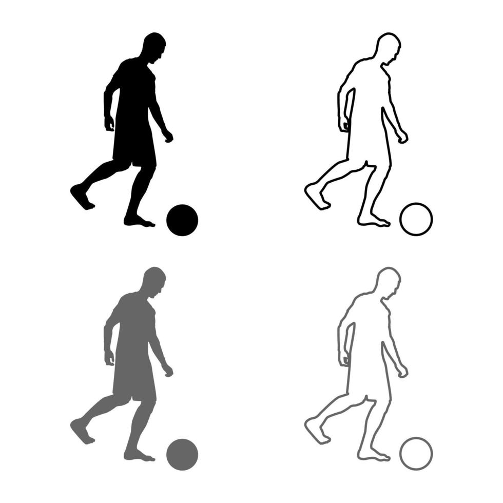 el hombre patea la pelota silueta jugador de fútbol pateando la pelota vista lateral conjunto de iconos gris negro color ilustración contorno estilo plano imagen simple vector