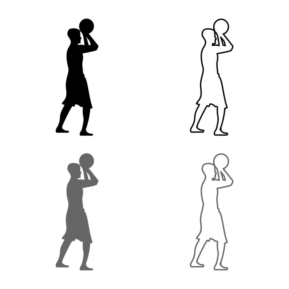 Basketball player throws a basketball Man shooting ball side view icon set grey black color illustration outline flat style simple image vector