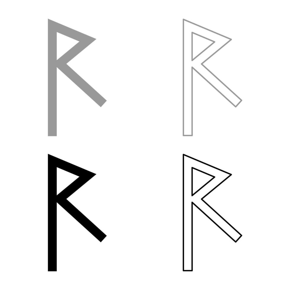 raido rune raid símbolo carretera icono conjunto gris negro color ilustración contorno plano estilo simple imagen vector