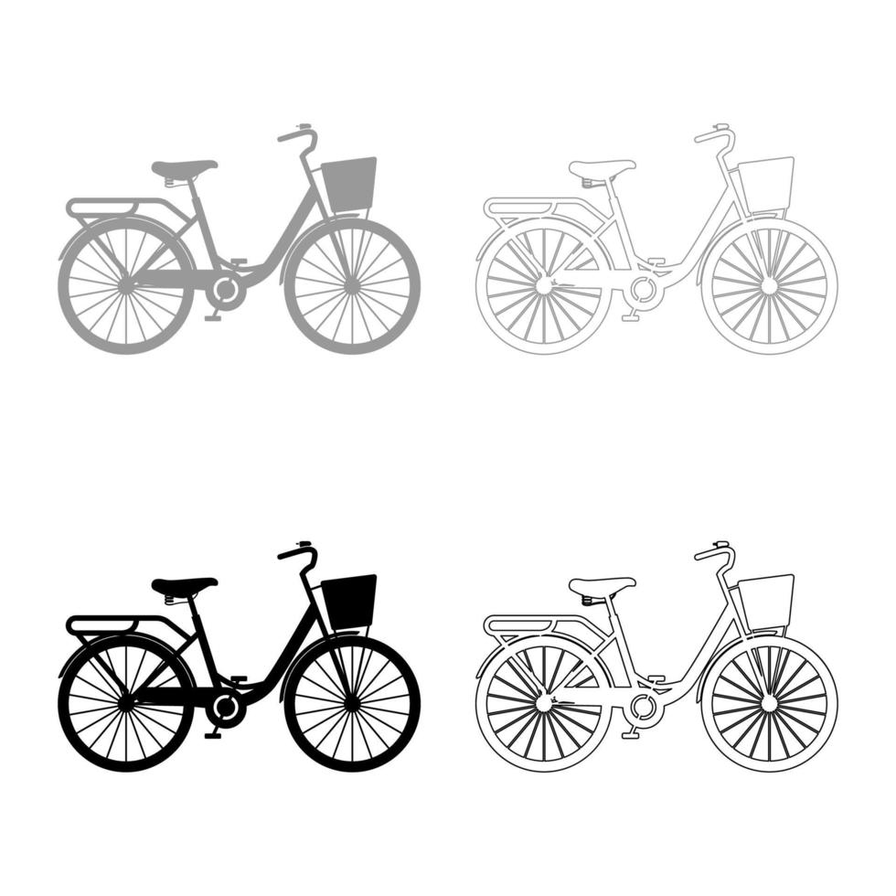 bicicleta de mujer con cesta bicicleta de crucero de playa para mujer cesta de bicicleta vintage conjunto de iconos de crucero de carretera para damas ilustración de vector de color gris negro imagen de estilo plano