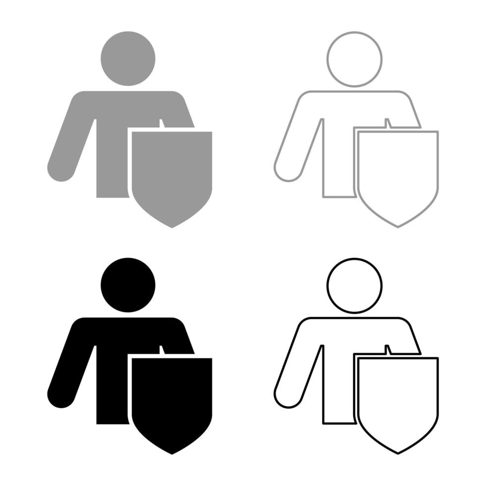 Stick man with shield Protecting personal data concept Man holding shield for reflecting attack Protected from attack idea icon set black grey color vector illustration flat style image